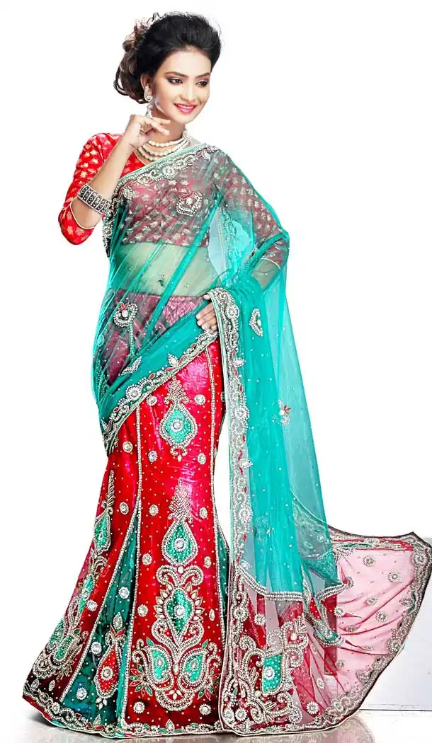 Red Pink Color Net Designer Hand Made Wedding Lehenga Choli - 558169546