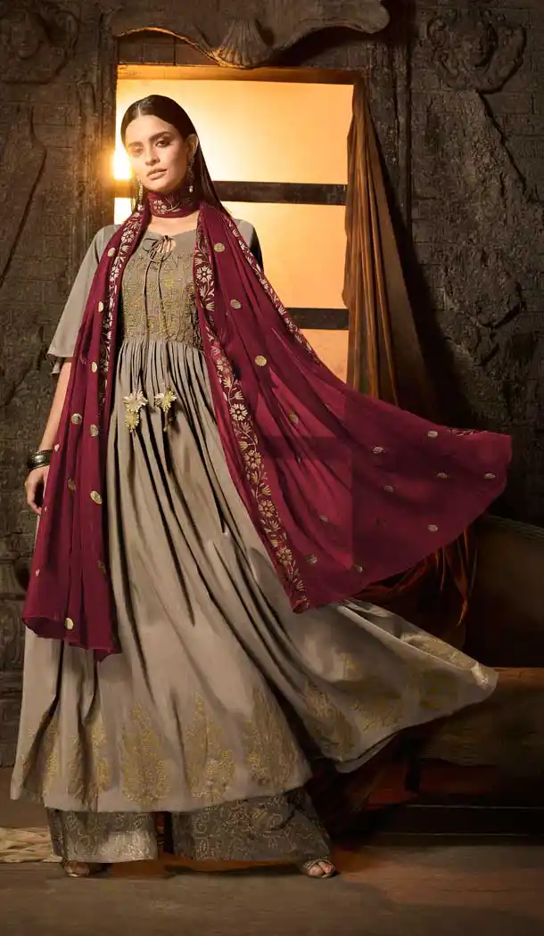 Beige Color Masleen Party Wear Palazzo Salwar Suit - 559069777