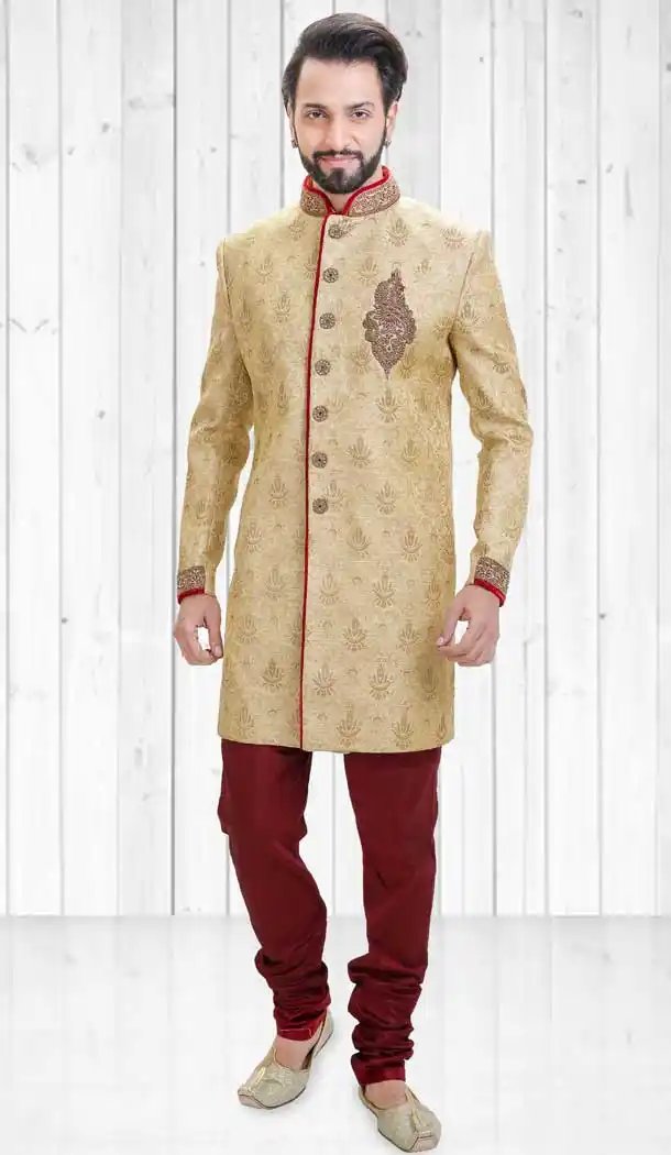Beige Color Jacquard Indo Western Style Readymade Men Sherwani - 558069519
