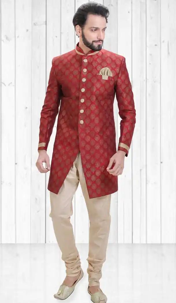 Red Color Dupion Indo Western Style Readymade Men Sherwani - 558069520