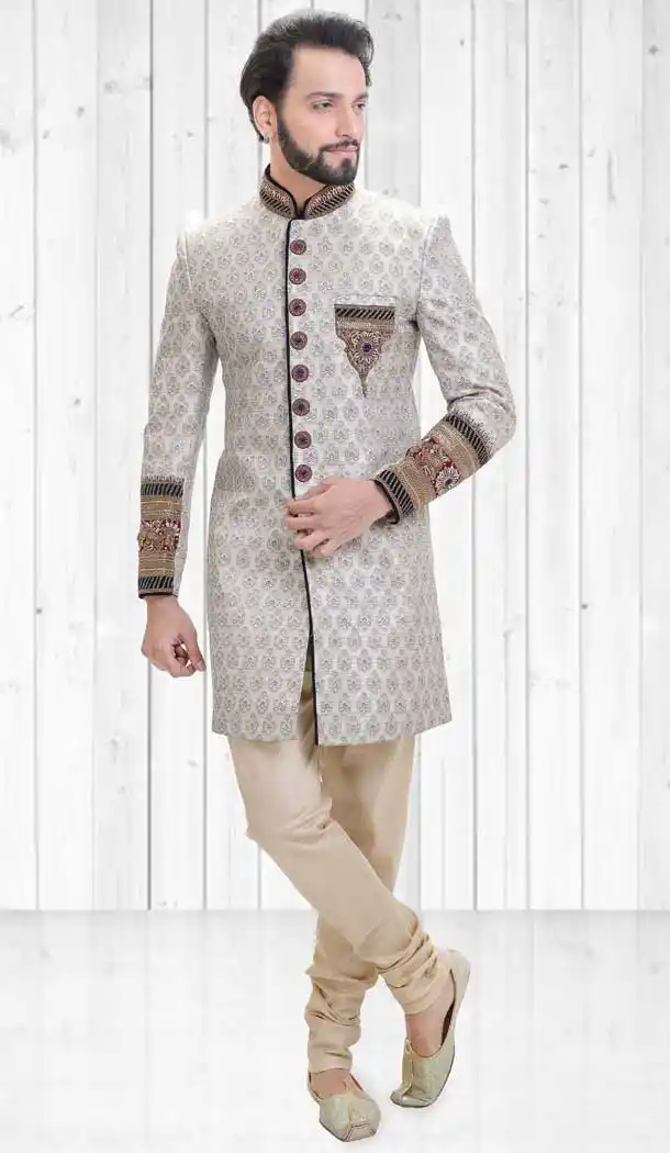 Grey Color Jacquard Indo Western Style Readymade Men Sherwani - 558069521
