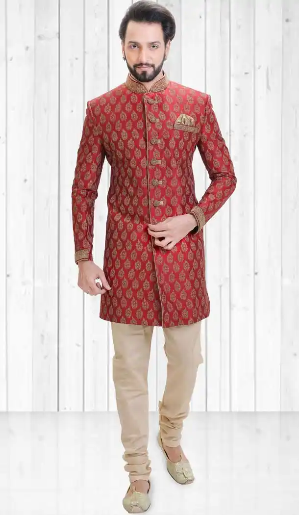 Red Color Dupion Indo Western Style Readymade Men Sherwani - 558069522