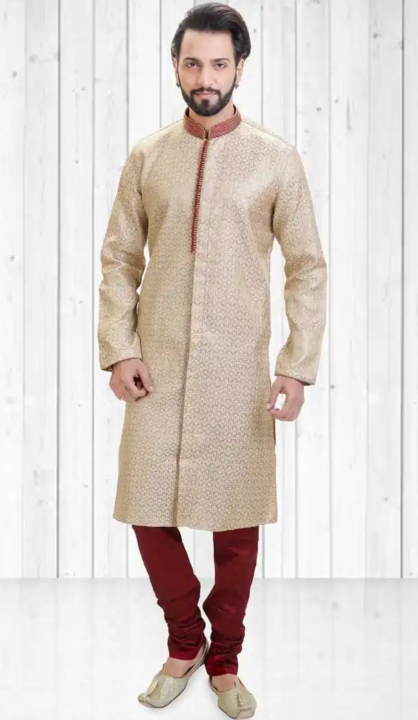 Beige Color Jacquard Indo Western Style Readymade Men Sherwani - 558069524