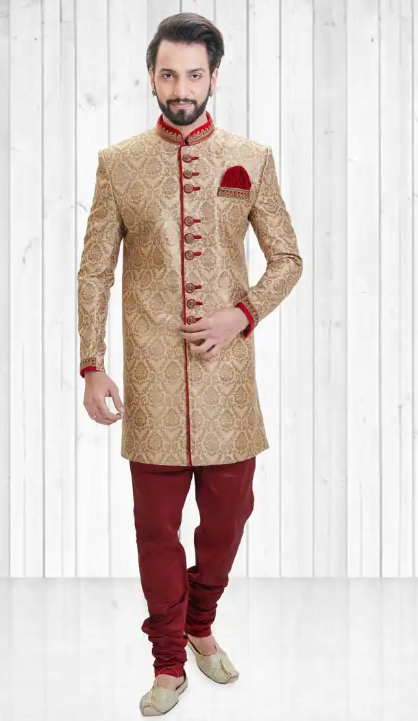 Beige Color Jacquard Indo Western Style Readymade Men Sherwani - 558069526