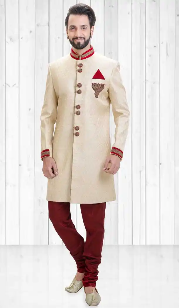 Cream Color Jacquard Indo Western Style Readymade Men Sherwani - 558069527