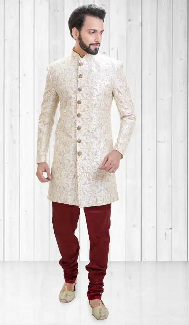 Off White Color Dupion Indo Western Style Readymade Men Sherwani - 558069529