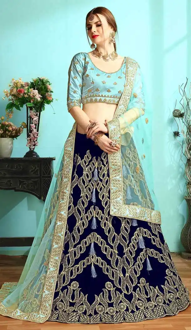 Navy Blue Color Malai Satin Designer Lehenga Choli For Women - 400459958