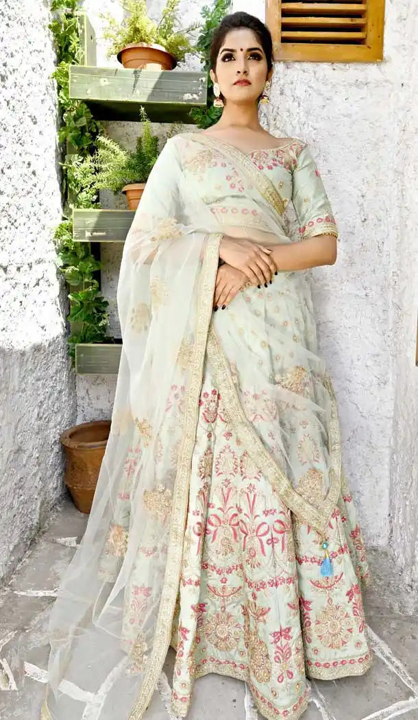 Green Color Goldi Silk Designer Mehendi Wear Lehenga Choli - 400559968
