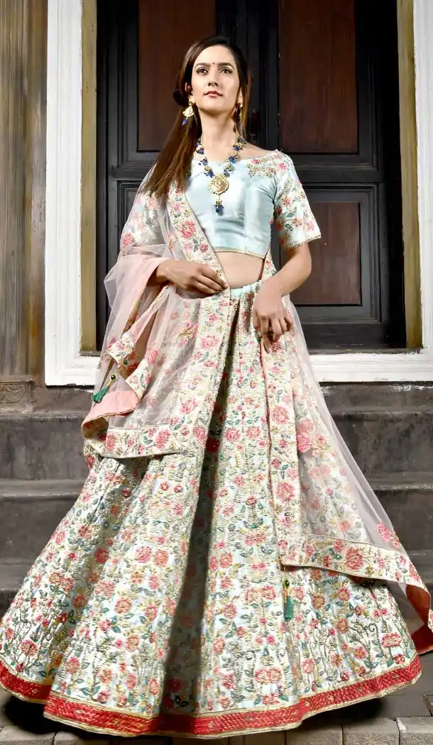 Powder Blue Color Malai Satin Designer Sangeet Ceremony Wear Lehenga Choli - 400659975