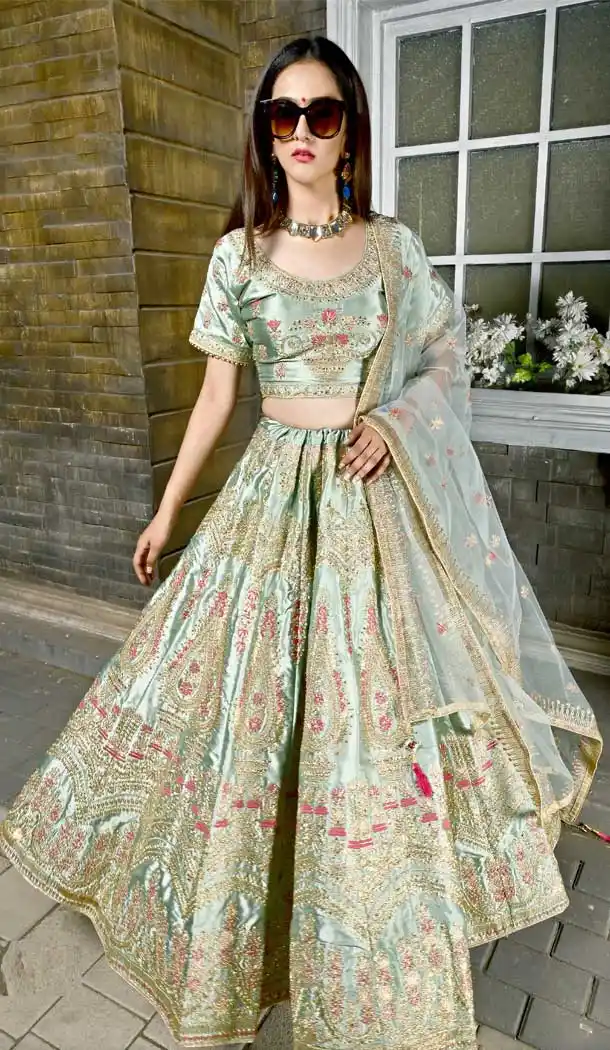 Green Color Malabari Silk Designer Sangeet Ceremony Wear Lehenga Choli - 400659977