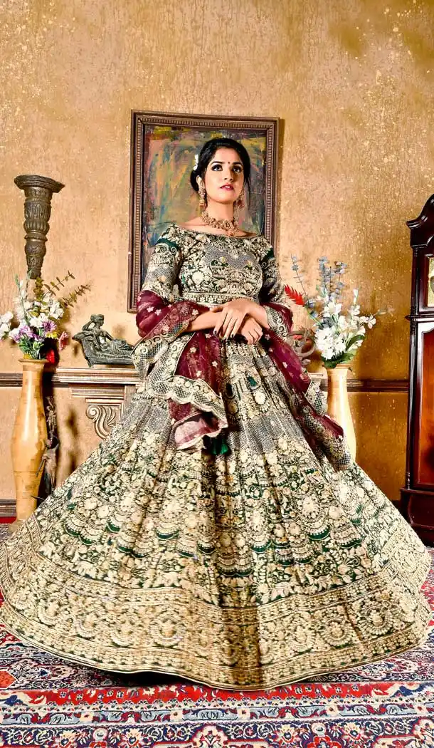 Bottle Green Color Chennai Silk Designer Wedding Reception Lehenga Choli - 400759981