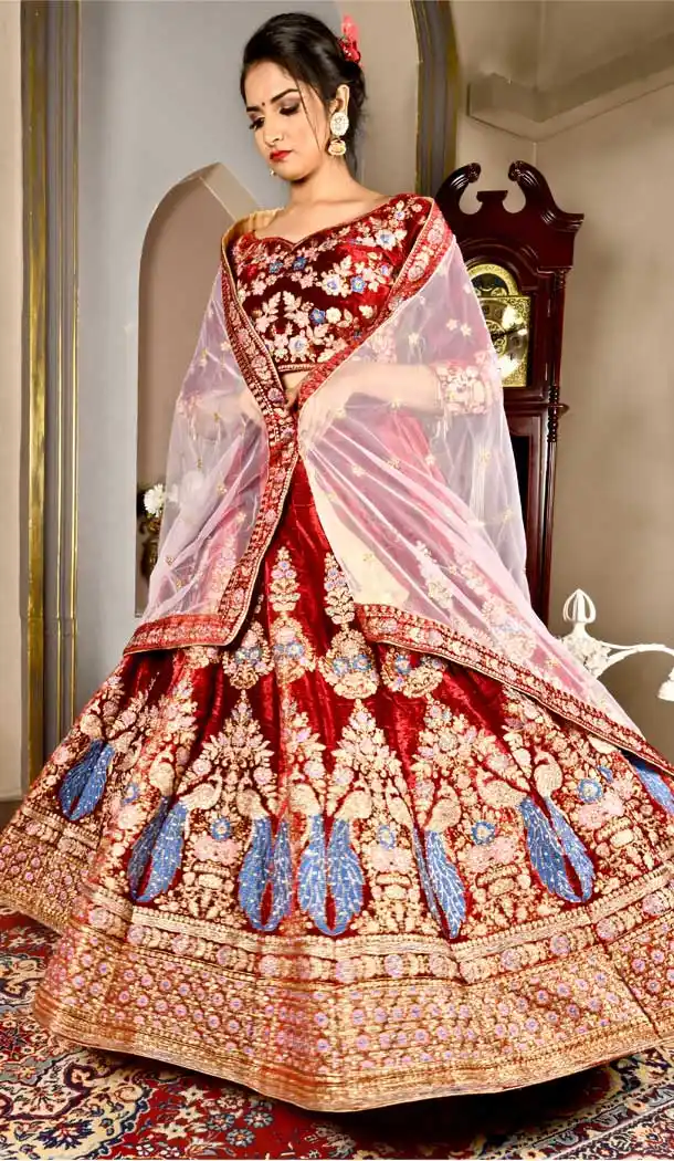 Ethnic Maroon Color Velvet Designer Wedding Reception Lehenga Choli - 400959992