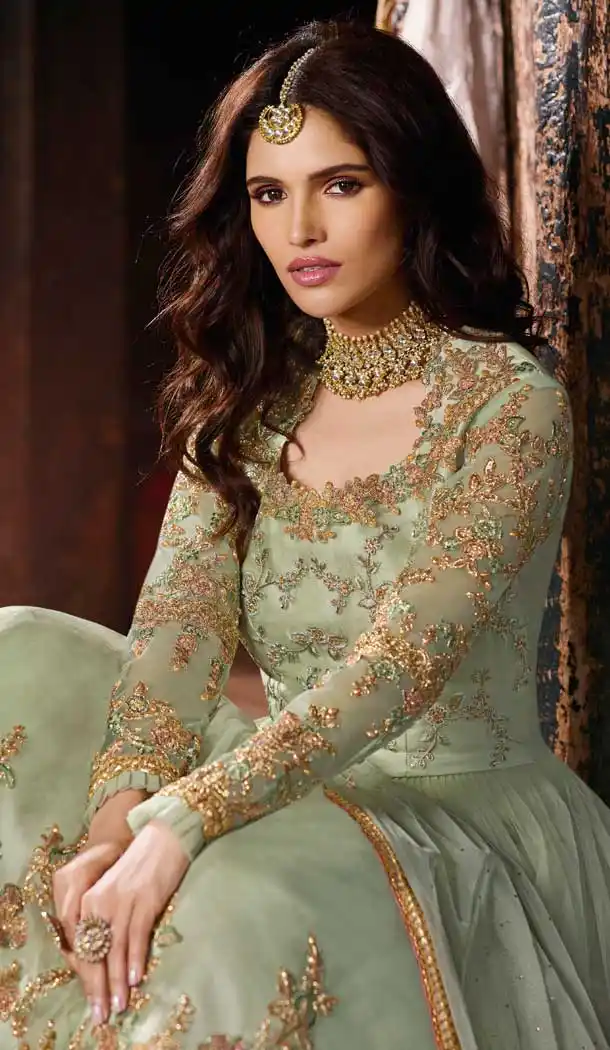 Pastel Green Color Net Pakistani Style Long Salwar Kameez - 561169988