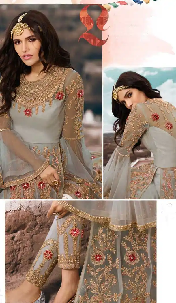 Grey Color Net Pakistani Style Long Salwar Kameez - 561169989