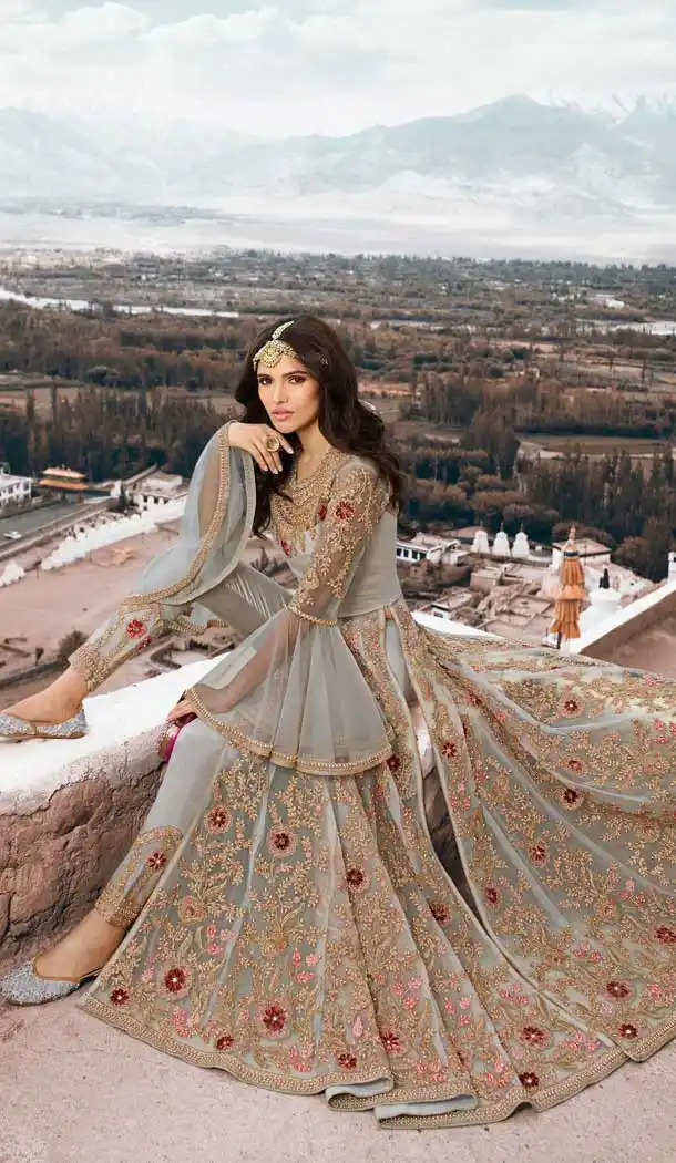 Grey Color Net Pakistani Style Long Salwar Kameez - 561169989
