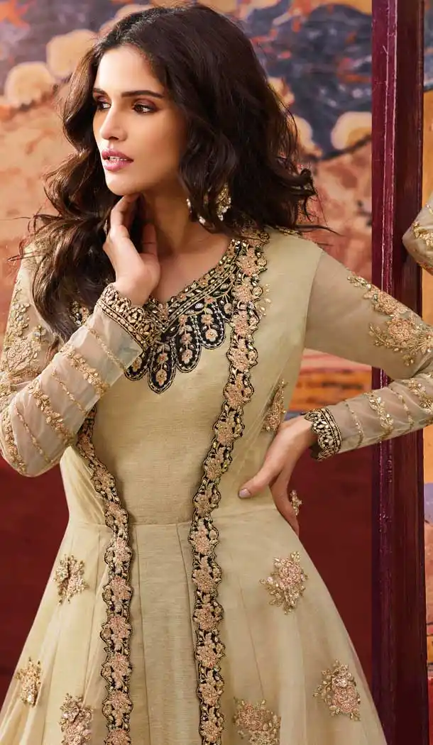 Beige Color Silk Base Pakistani Style Long Salwar Kameez - 561169990