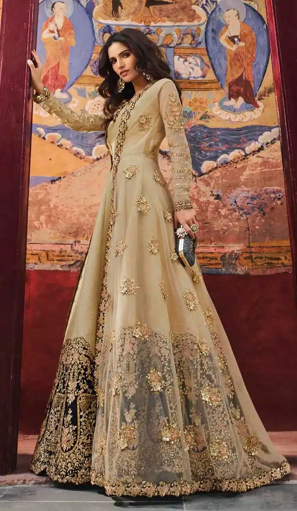 Beige Color Silk Base Pakistani Style Long Salwar Kameez - 561169990