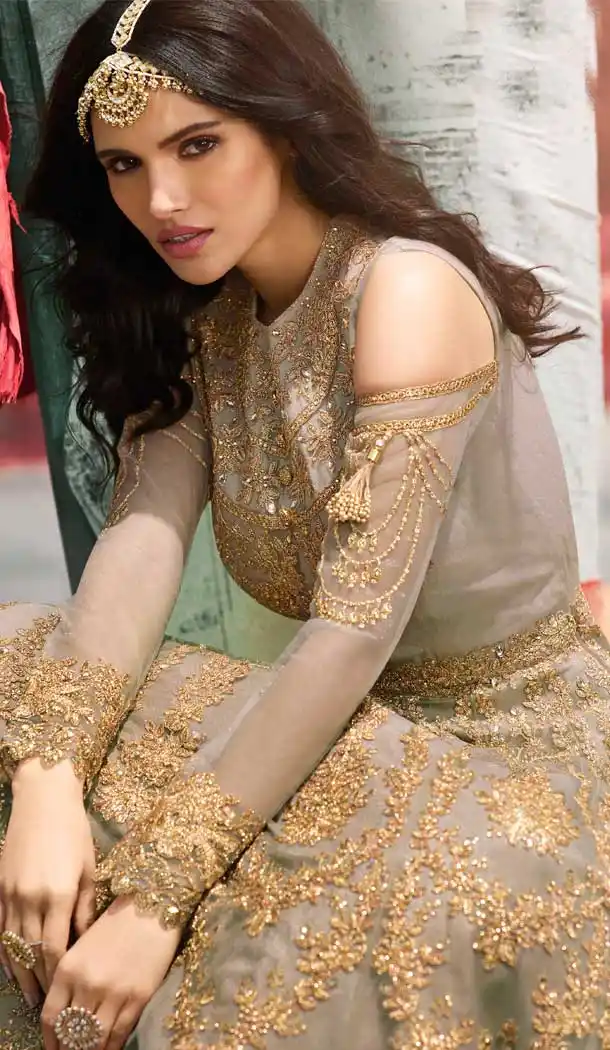 Beige Color Net Pakistani Style Long Salwar Kameez - 561169992