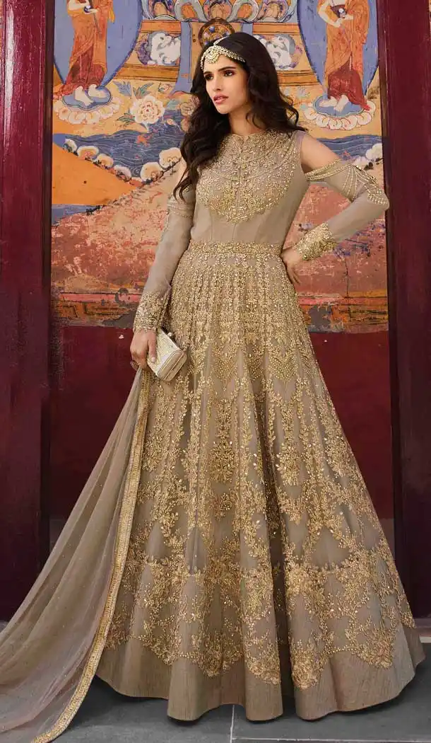 Beige Color Net Pakistani Style Long Salwar Kameez - 561169992