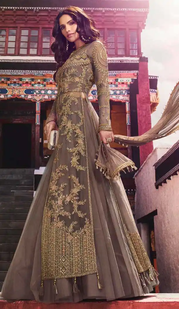 Brown Color Net Pakistani Style Long Salwar Kameez - 561169995