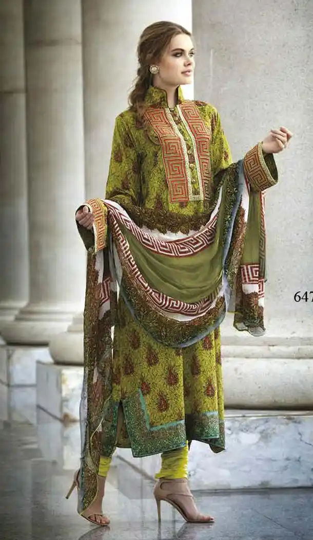 Neon Green Faux Crepe Churidar Kameez