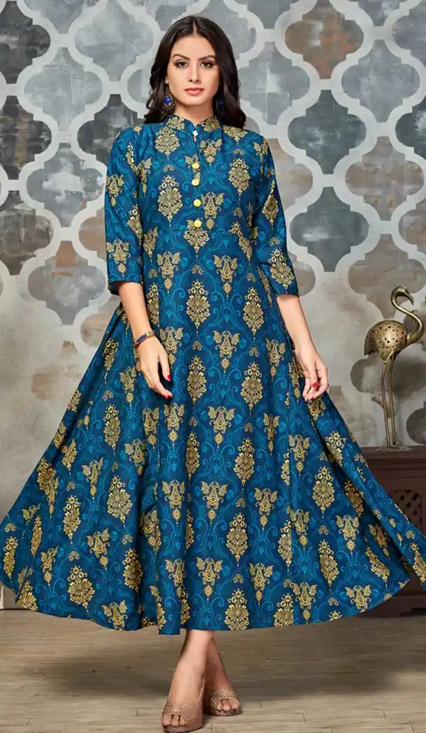 Tantalizing Blue Color Polyester Printed Anarkali Long Readymade Kurti - 560469906