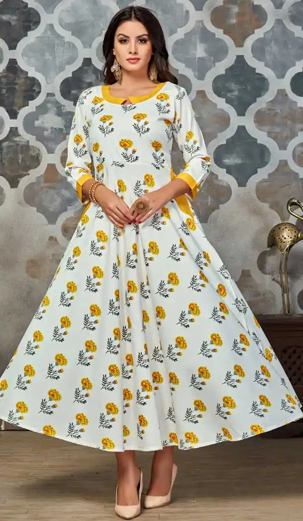 Off White Color Crepe Printed Anarkali Style Readymade Kurti - 560469910