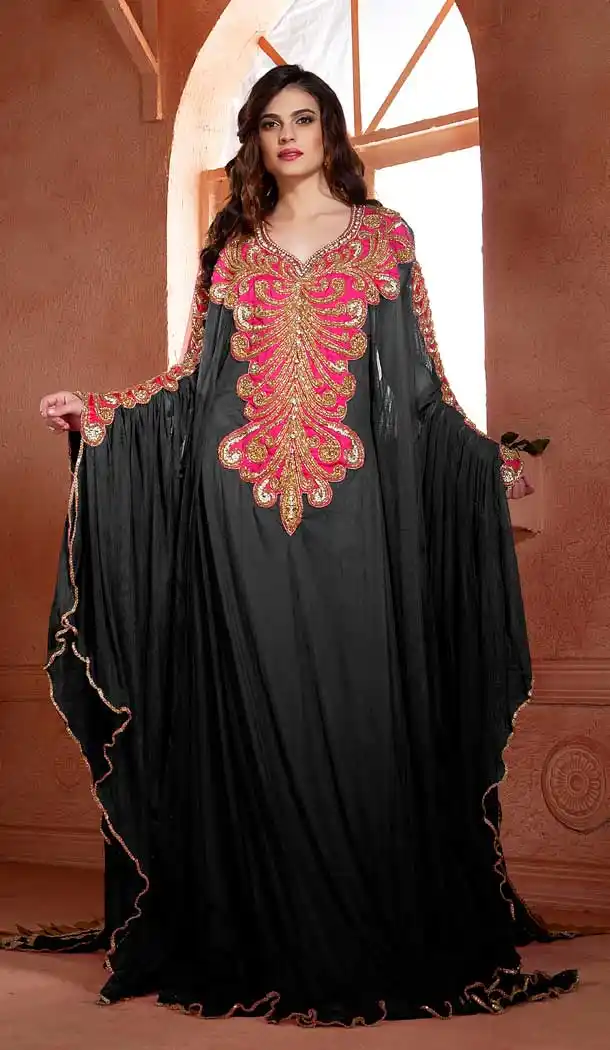 Black Color Net Crepe Heavy Designer Readymade Islamic Kaftan - 562670131