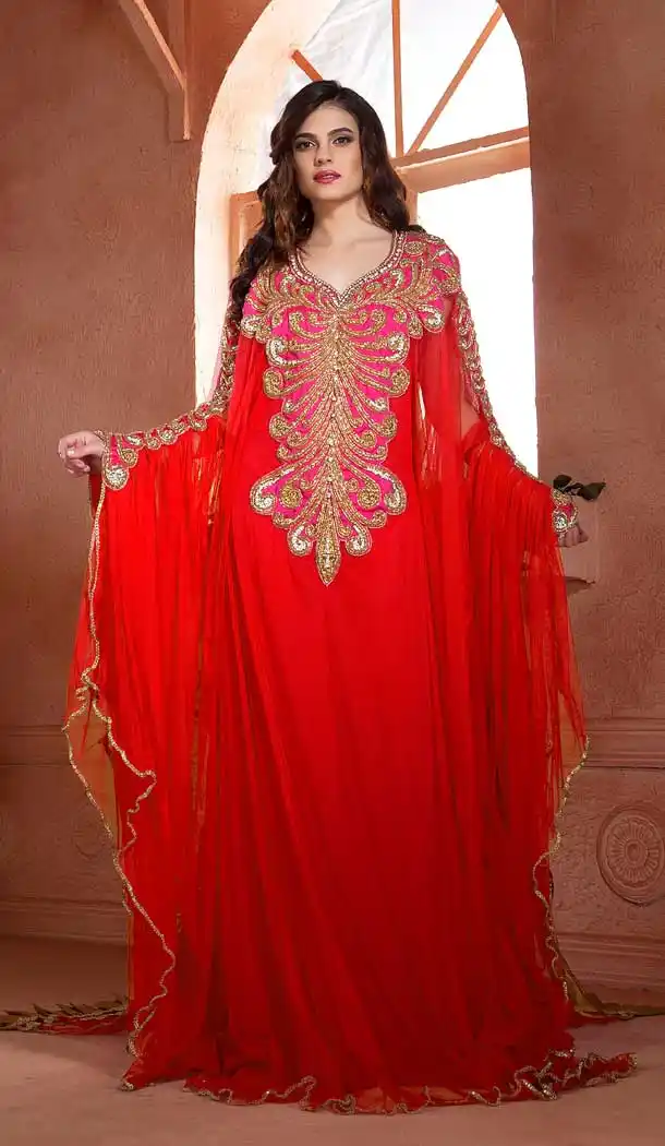 Red Color Net Crepe Heavy Designer Readymade Islamic Kaftan - 562670134