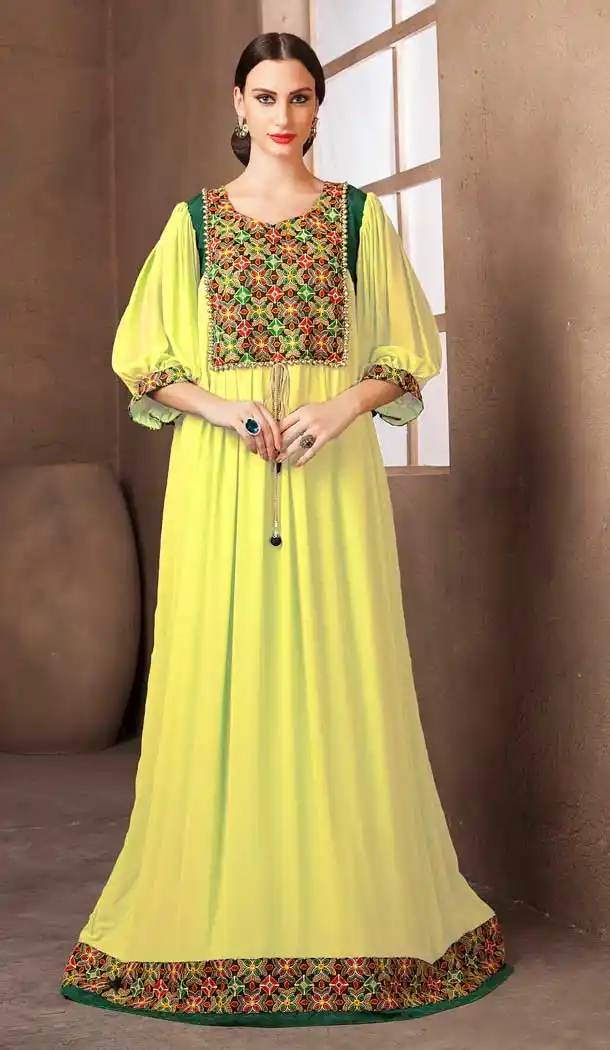 Yellow Color Georgette Crepe Heavy Designer Readymade Islamic Kaftan - 562670140