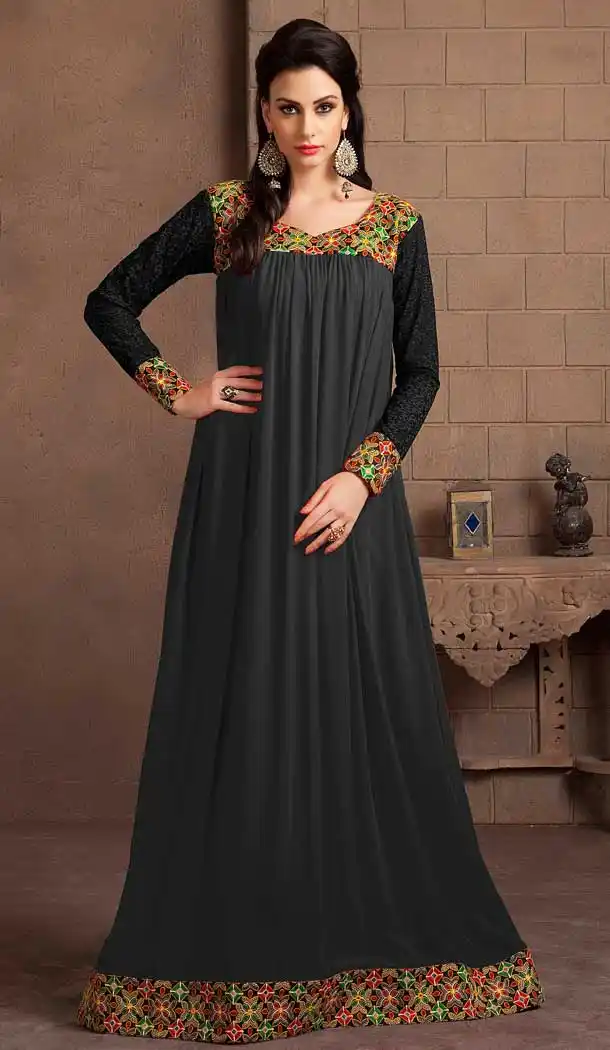 Black Color Georgette Crepe Heavy Designer Readymade Islamic Kaftan - 562670141