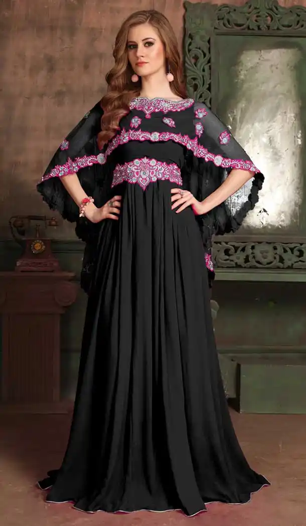 Black Color Georgette Crepe Heavy Designer Readymade Islamic Kaftan - 562670148