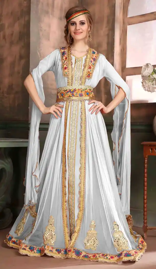 White Color Soft Net Crepe Heavy Designer Readymade Islamic Kaftan - 562670157