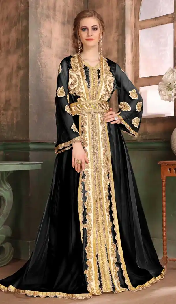 Black Color Satin Silk Mono Net Heavy Designer Readymade Islamic Kaftan - 562670158
