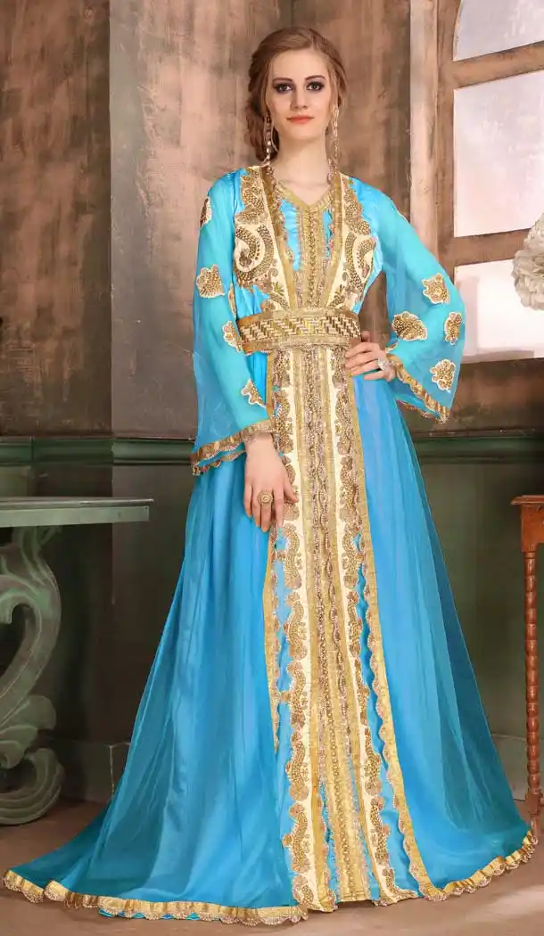 Sky Blue Color Satin Silk Mono Net Heavy Designer Readymade Islamic Kaftan - 562670160