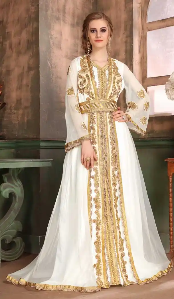 White Color Satin Silk Mono Net Heavy Designer Readymade Islamic Kaftan - 562670161