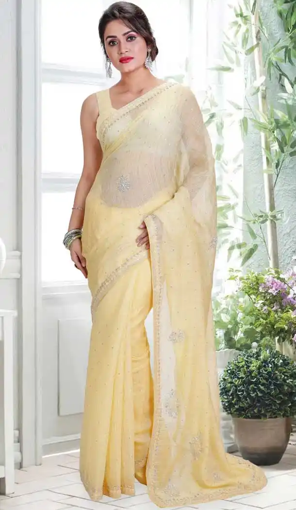 Yellow Color Linen Hand Work Designer Bridal Saree Blouse - 558369583
