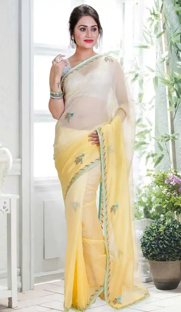 Yellow Color Organza Hand Work Designer Bridal Saree Blouse - 558369586