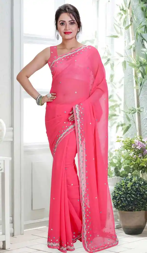 Pink Color Georgette Hand Work Designer Bridal Saree Blouse - 558369588