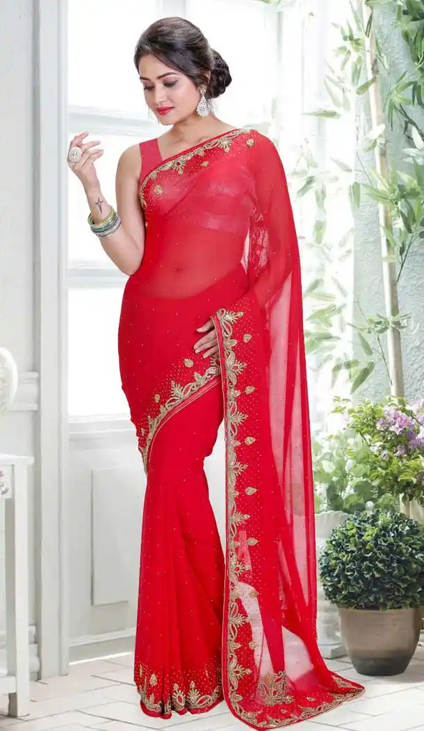 Red Color Georgette Hand Work Designer Bridal Saree Blouse - 558369589