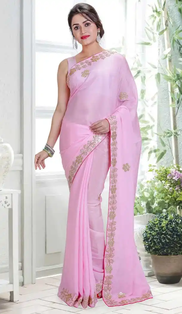 Pink Color Crepe Hand Work Designer Bridal Saree Blouse - 558369591