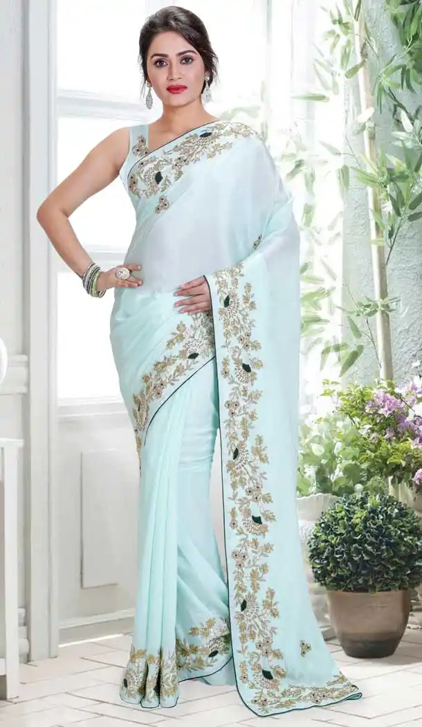 Firozi Color Crepe Hand Work Designer Bridal Saree Blouse - 558369592