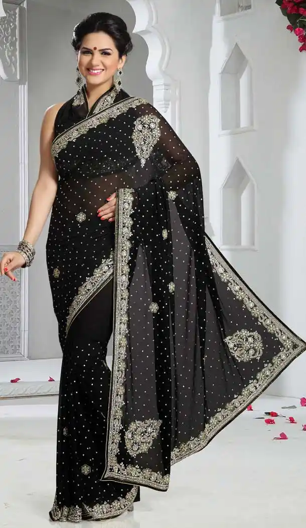 Black Color Chiffon Designer Bridal Fully Hand Worked Saree Blouse - 558769687