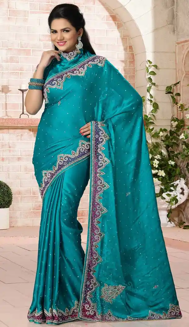 Turquoise Color Satin Designer Bridal Fully Hand Worked Saree Blouse - 558769688