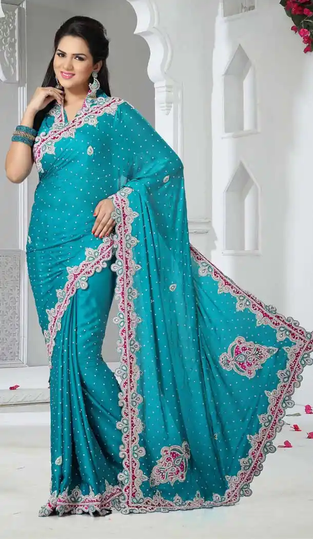 Turquoise Color Satin Designer Bridal Fully Hand Worked Saree Blouse - 558769689