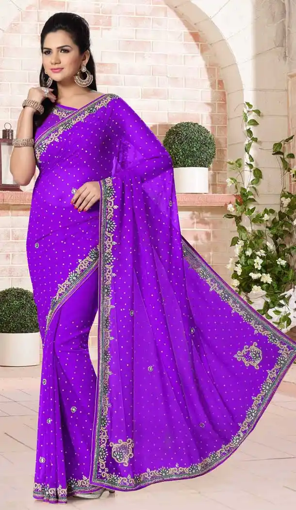 Purple Color Chiffon Designer Bridal Fully Hand Worked Saree Blouse - 558769691