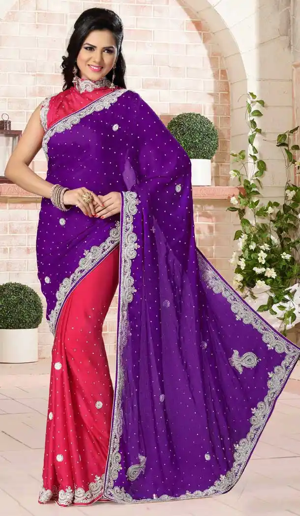 Violet And Pink Color Chiffon Designer Bridal Fully Hand Worked Saree Blouse - 558769694