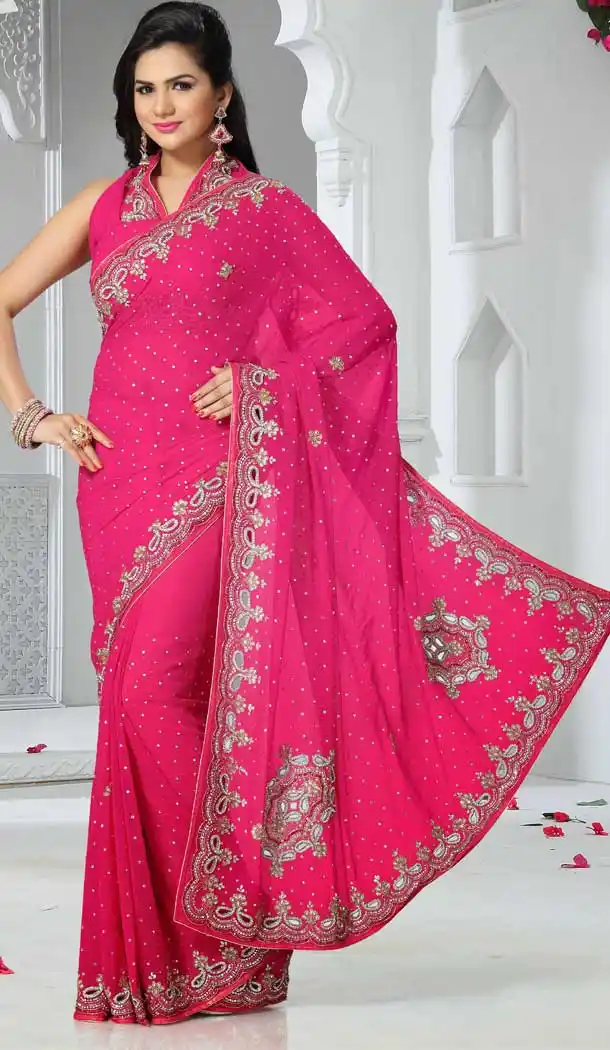 Alluring Pink Color Chiffon Designer Bridal Fully Hand Worked Saree Blouse - 558769695