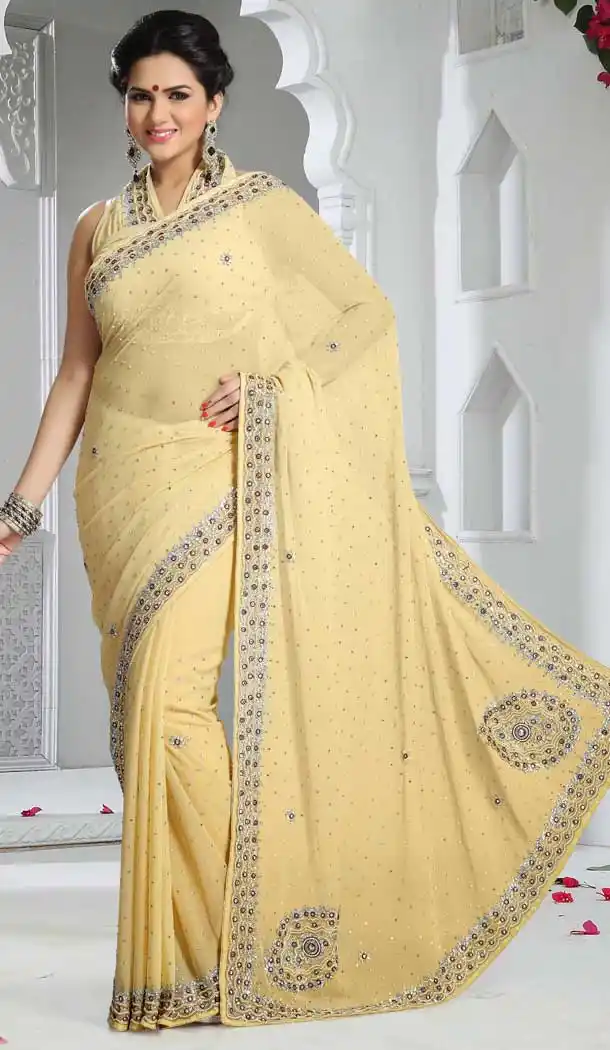 Gleaming Cream Color Chiffon Designer Bridal Fully Hand Worked Saree Blouse - 558769700