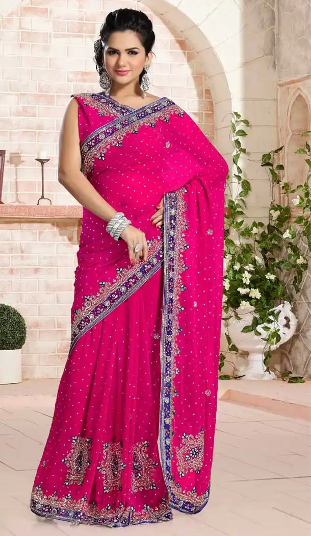 Unique Pink Color Chiffon Designer Bridal Fully Hand Worked Saree Blouse - 558769702